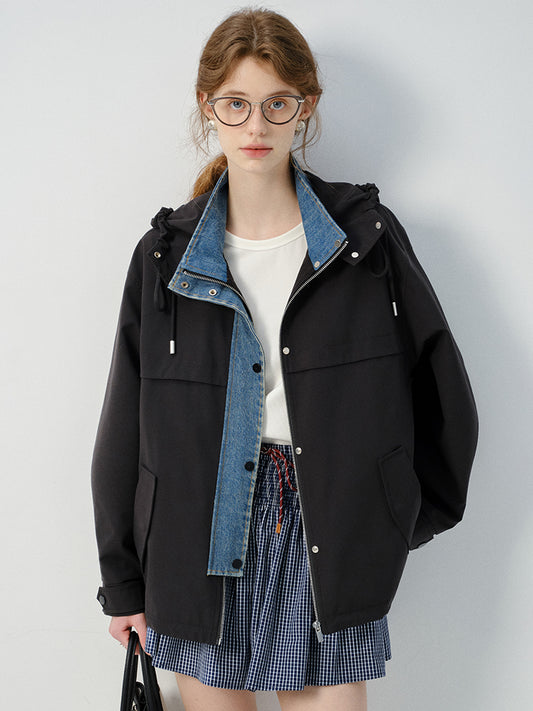 Layered-Look Hooded Jacket With Denim Details