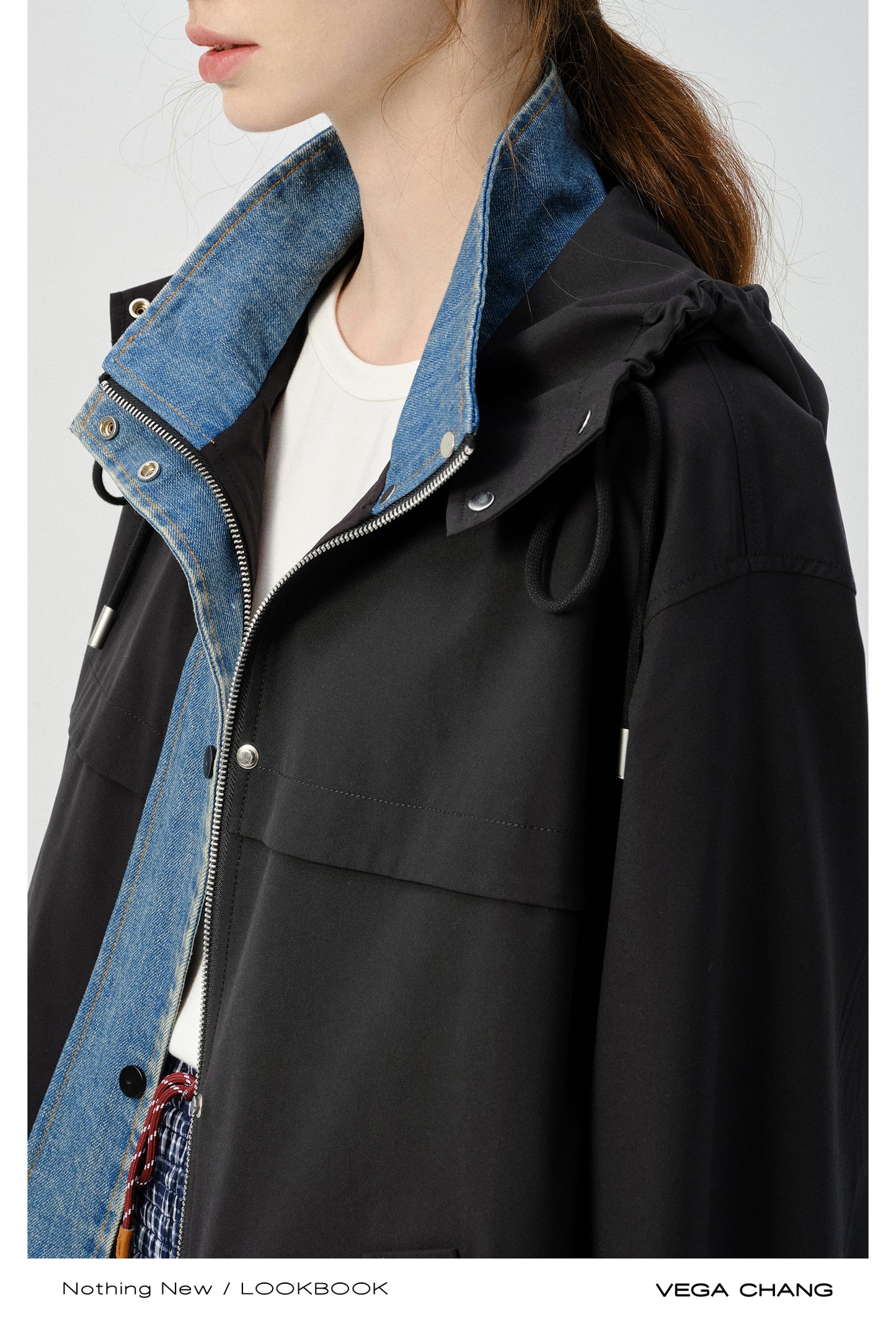 Layered-Look Hooded Jacket With Denim Details