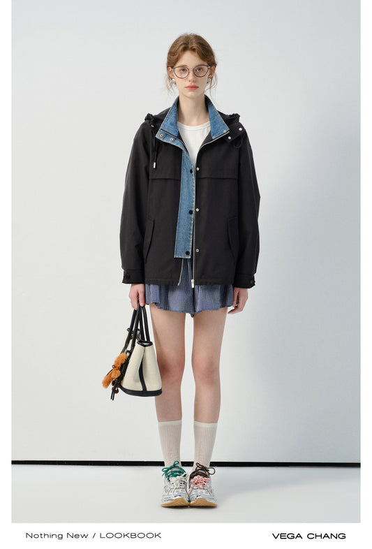 Layered-Look Hooded Jacket With Denim Details