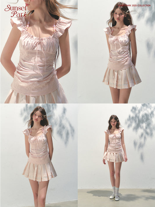 Flutter Sleeve Ruched Blouse With Beaded Straps