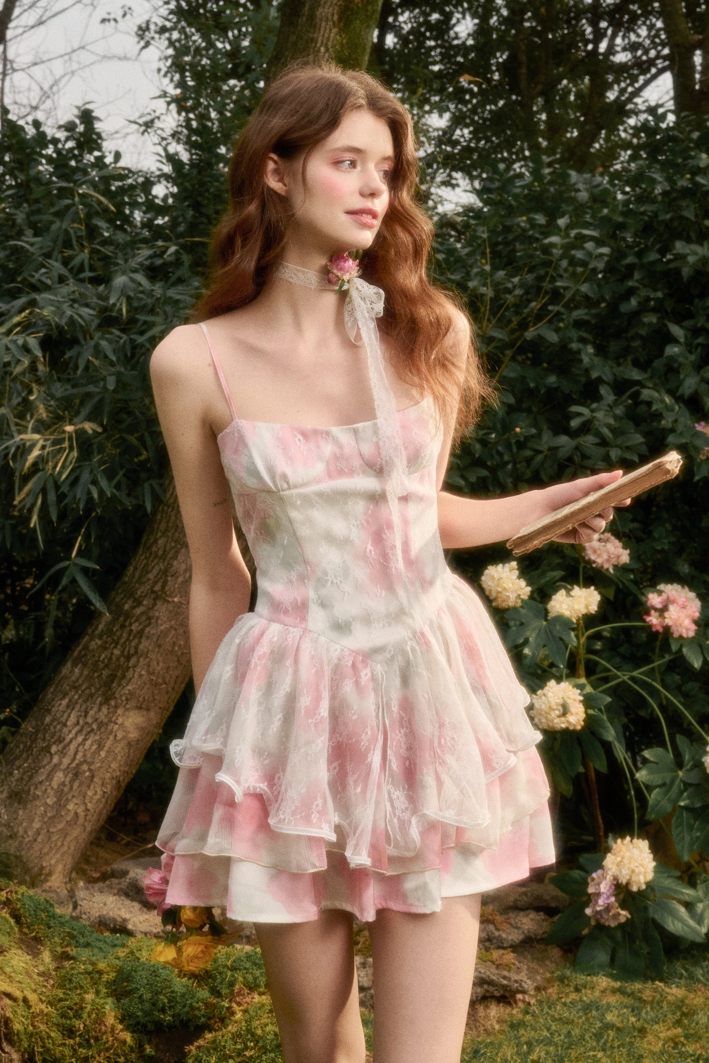 Lace-Layered Gradient Satin Dress With Straps