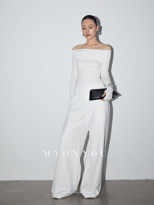 Wide Fold-Over Off-Shoulder Ruched Slim Top