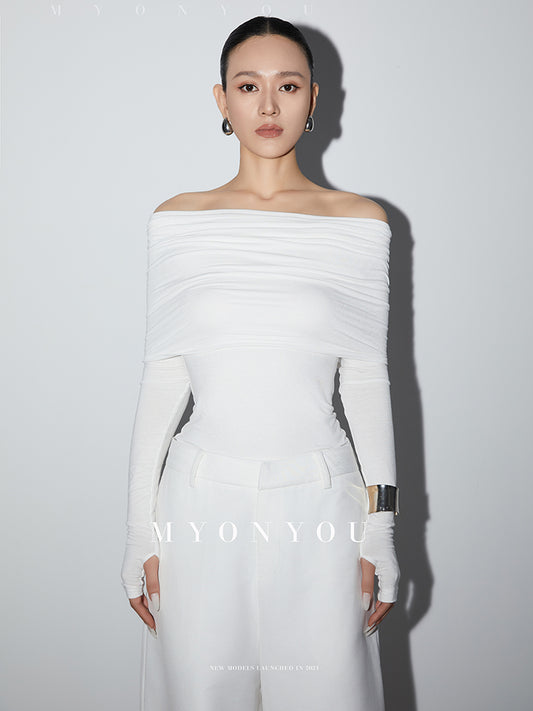 Wide Fold-Over Off-Shoulder Ruched Slim Top