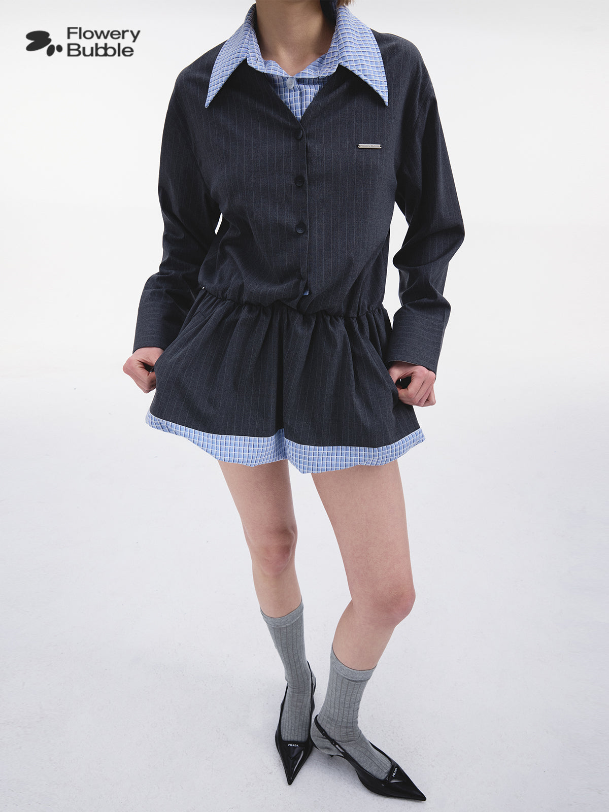 Collared Faux Layered Bubble Shirt Dress