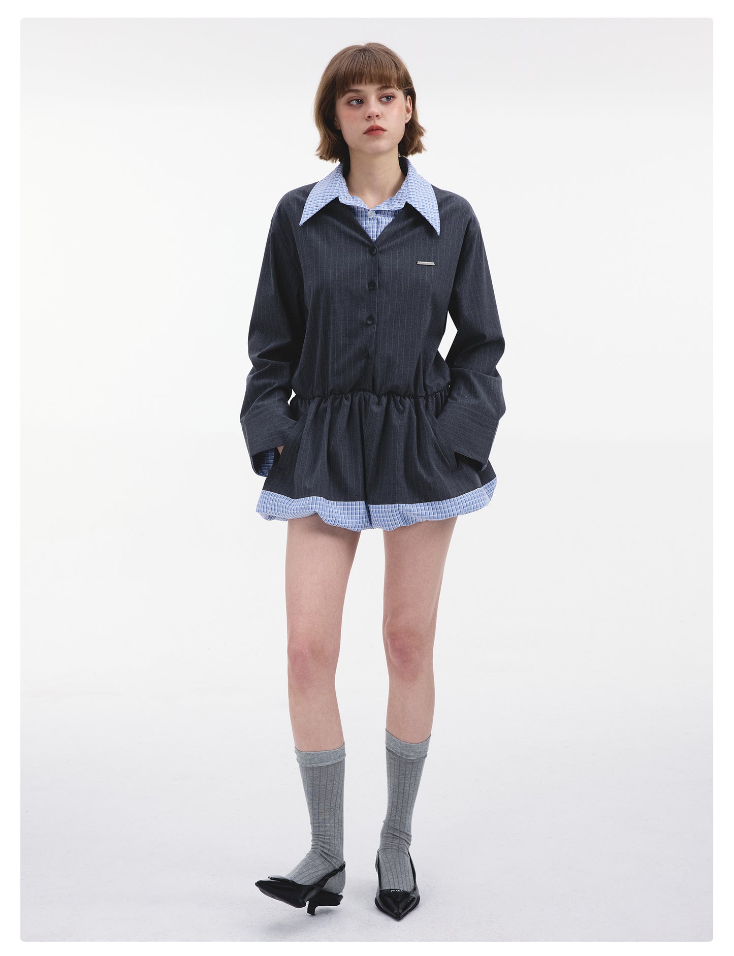 Collared Faux Layered Bubble Shirt Dress