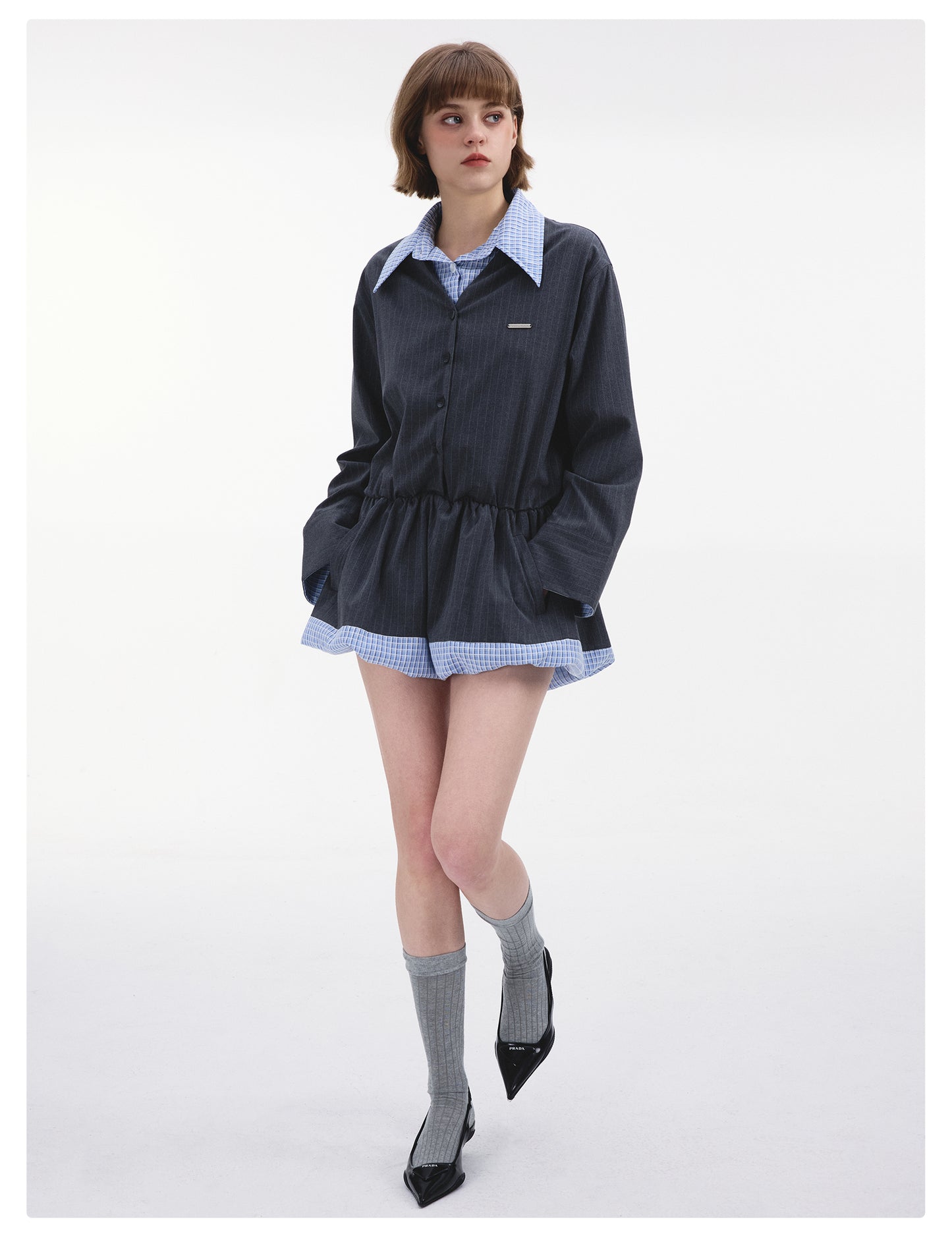 Collared Faux Layered Bubble Shirt Dress