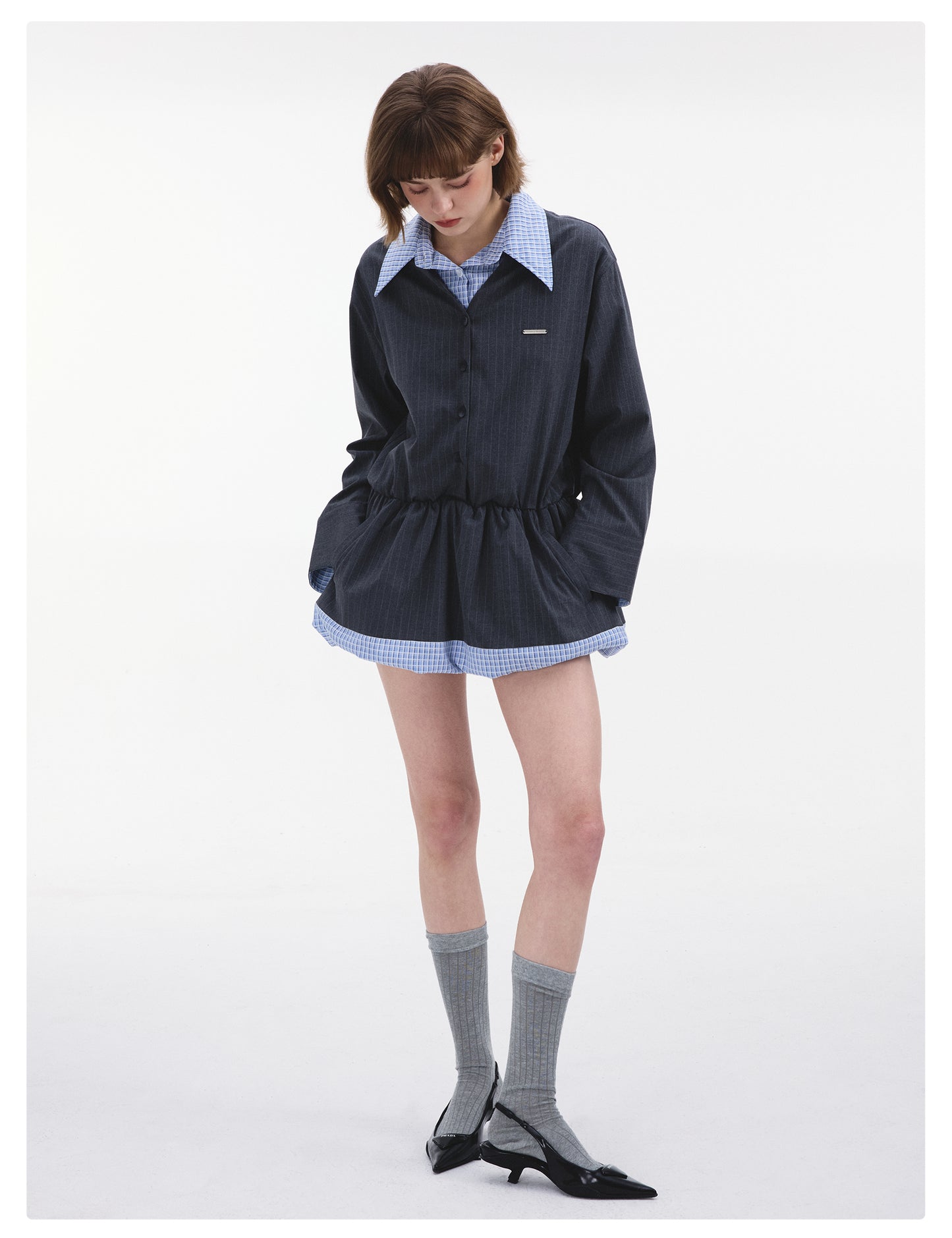 Collared Faux Layered Bubble Shirt Dress