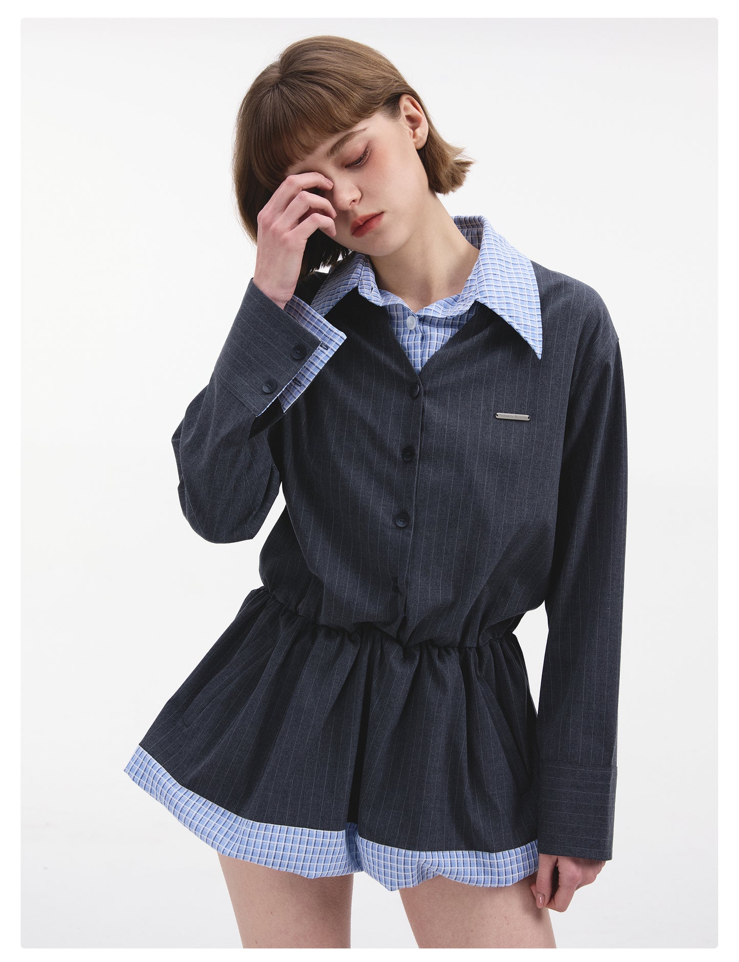 Collared Faux Layered Bubble Shirt Dress