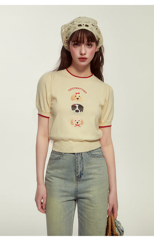 Dog Motif Puff-Sleeve Knit Top
