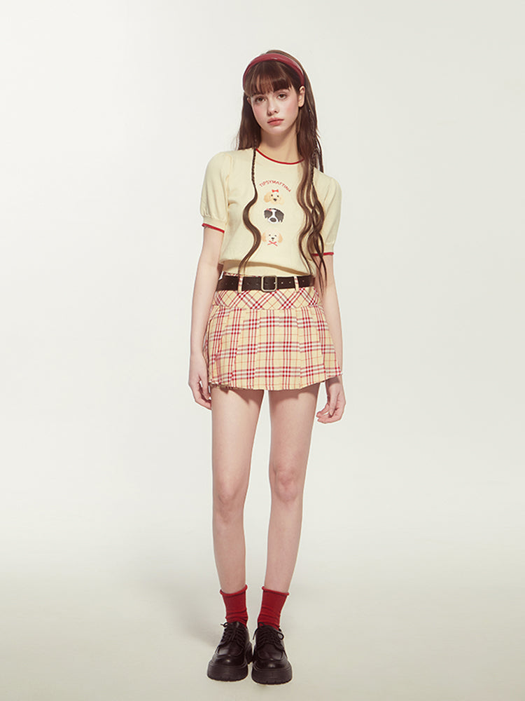 Dog Motif Puff-Sleeve Knit Top