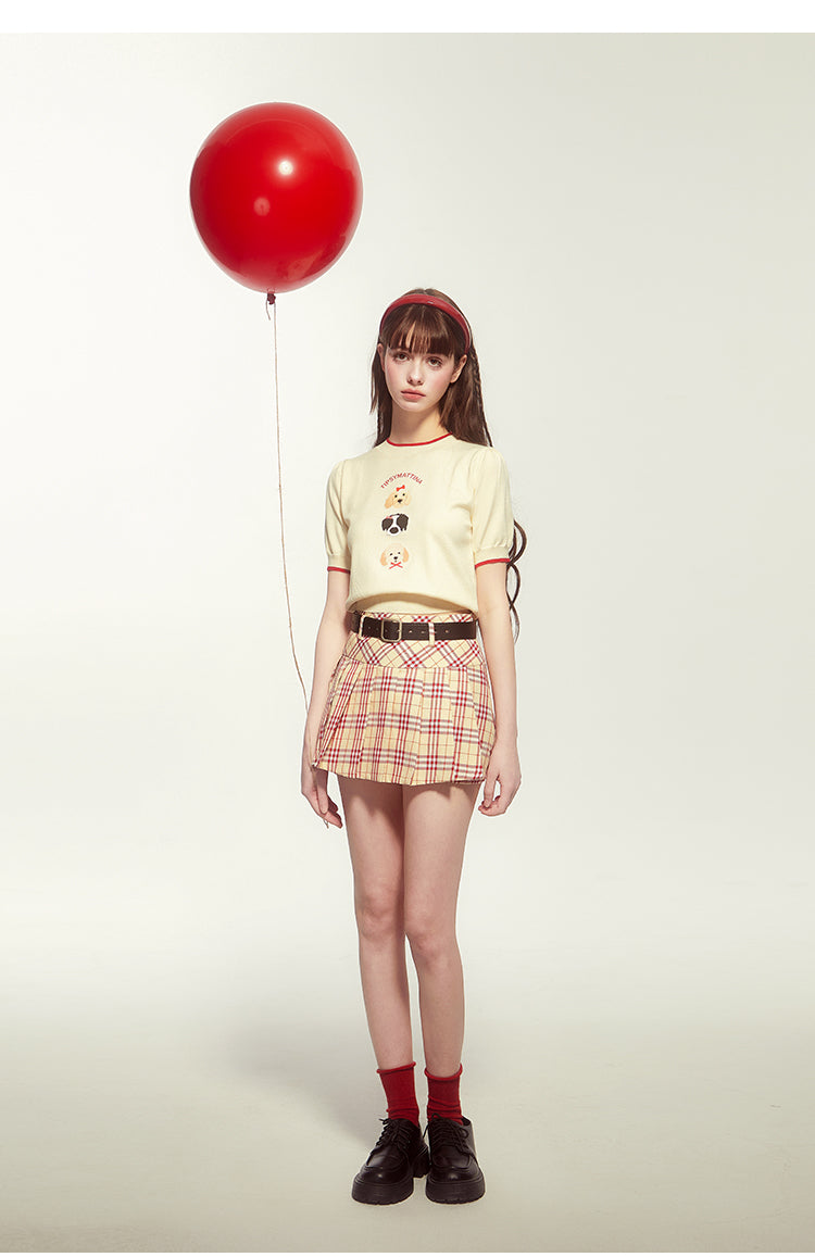 Dog Motif Puff-Sleeve Knit Top