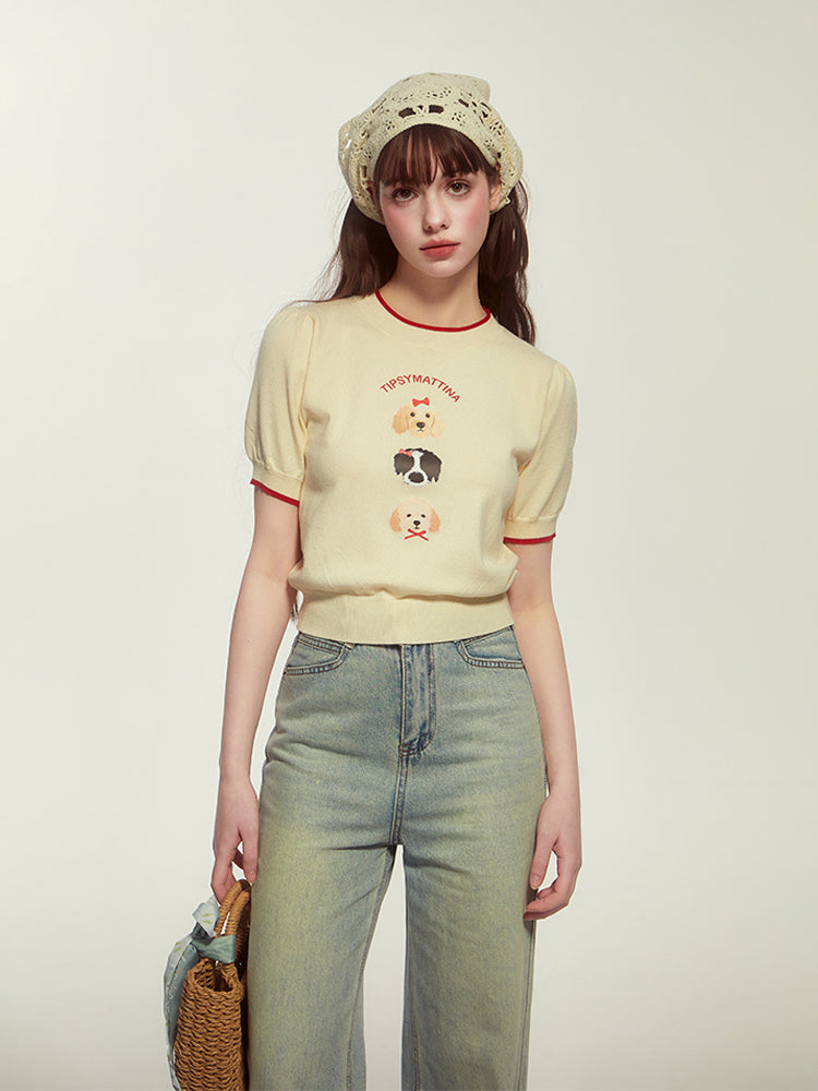 Dog Motif Puff-Sleeve Knit Top