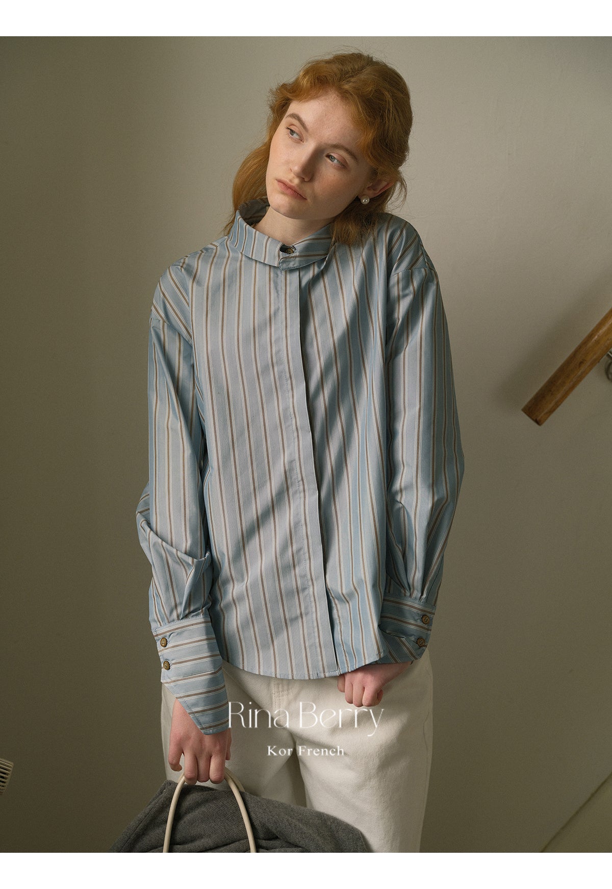 Roll Neck Striped Shirt With Hidden Buttons