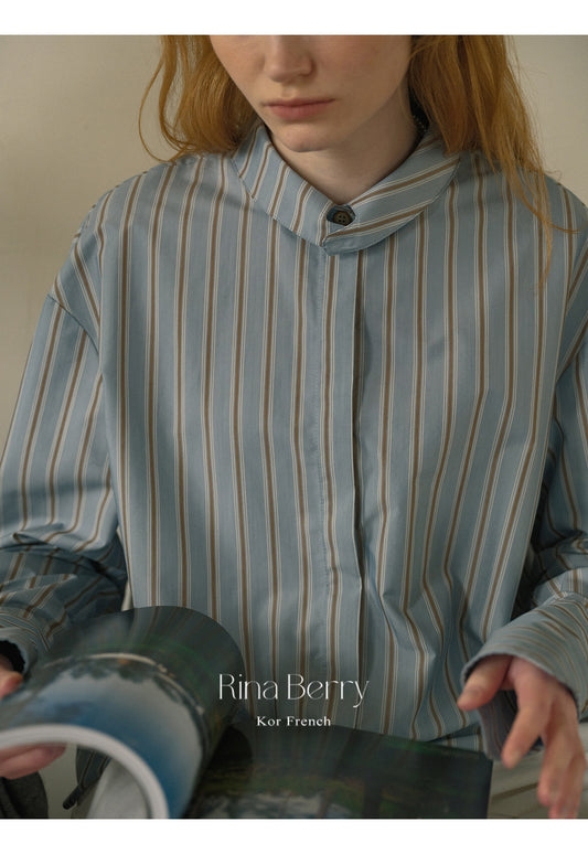 Roll Neck Striped Shirt With Hidden Buttons