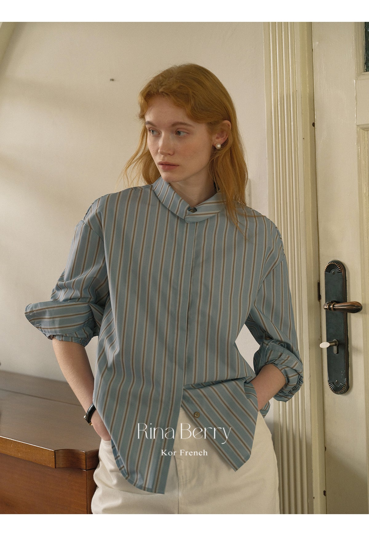 Roll Neck Striped Shirt With Hidden Buttons