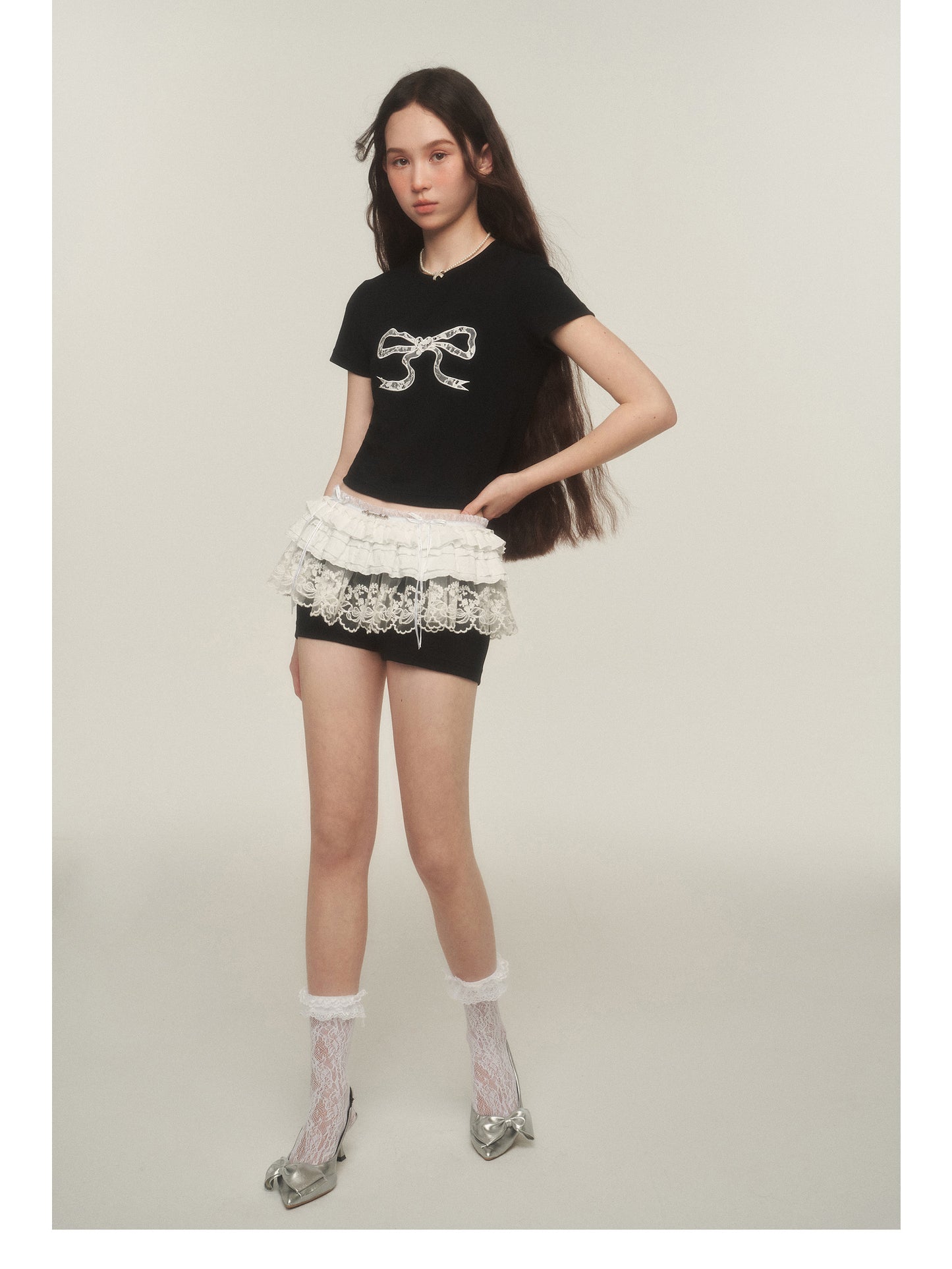 Shorts With Ruffled Lace Overlay Detail