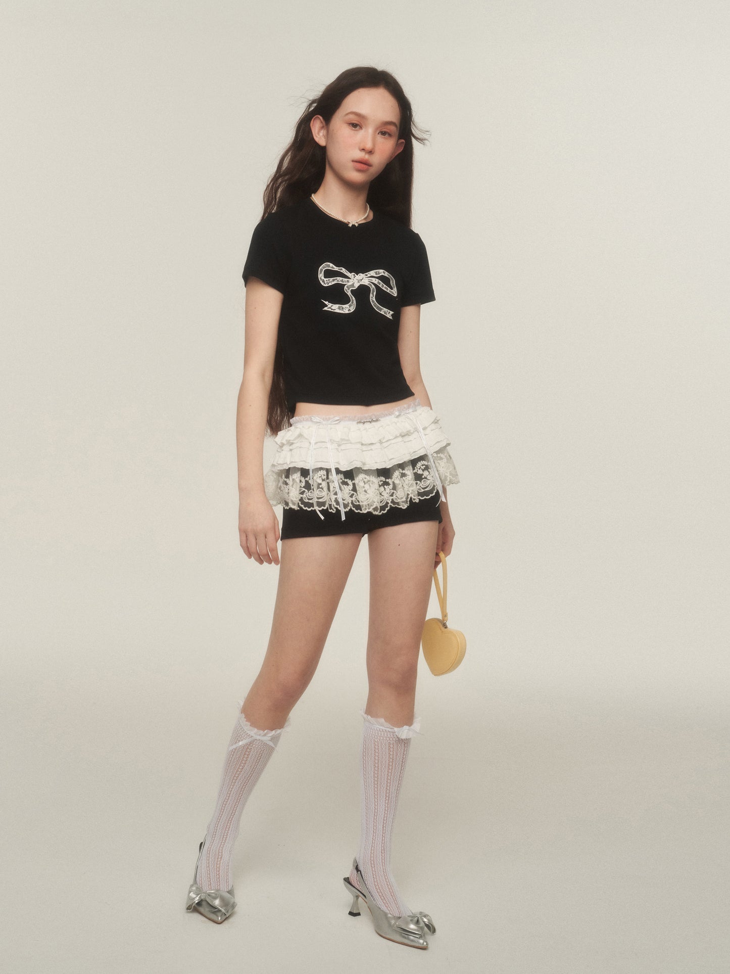 Shorts With Ruffled Lace Overlay Detail