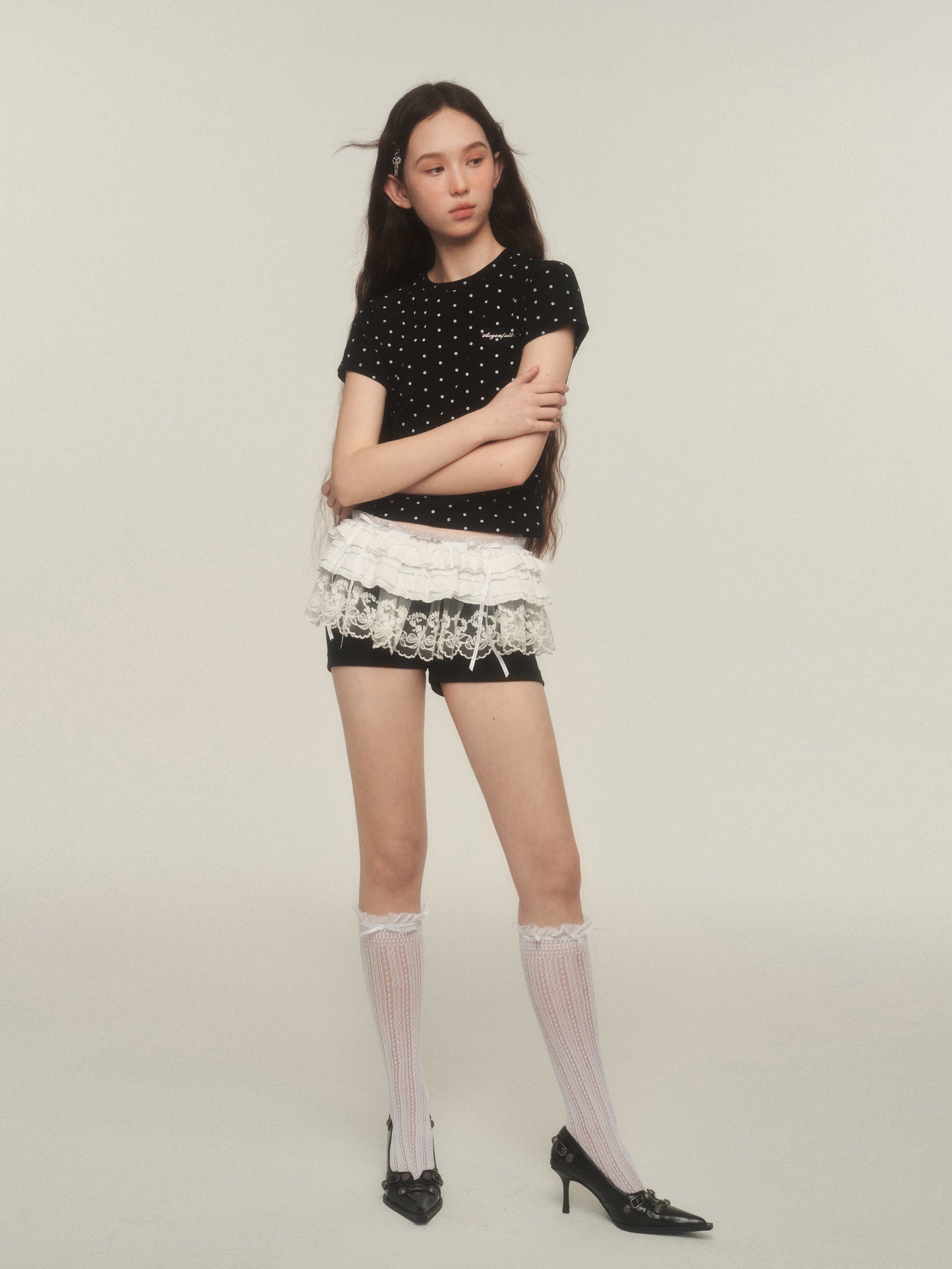 Shorts With Ruffled Lace Overlay Detail