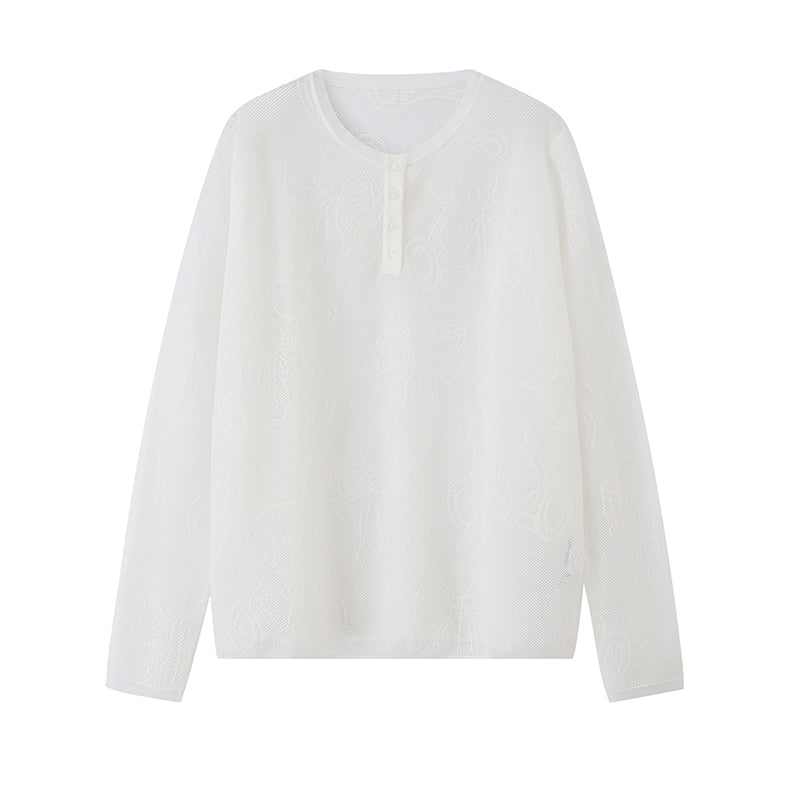Henley Neck Sheer Mesh Top With Cute Motifs