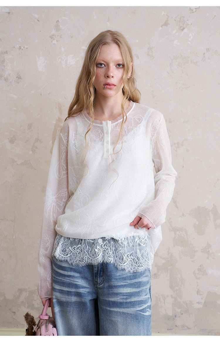 Henley Neck Sheer Mesh Top With Cute Motifs