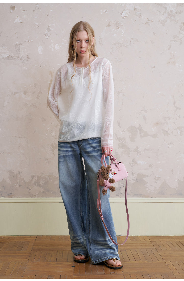 Henley Neck Sheer Mesh Top With Cute Motifs