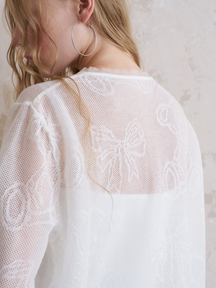 Henley Neck Sheer Mesh Top With Cute Motifs