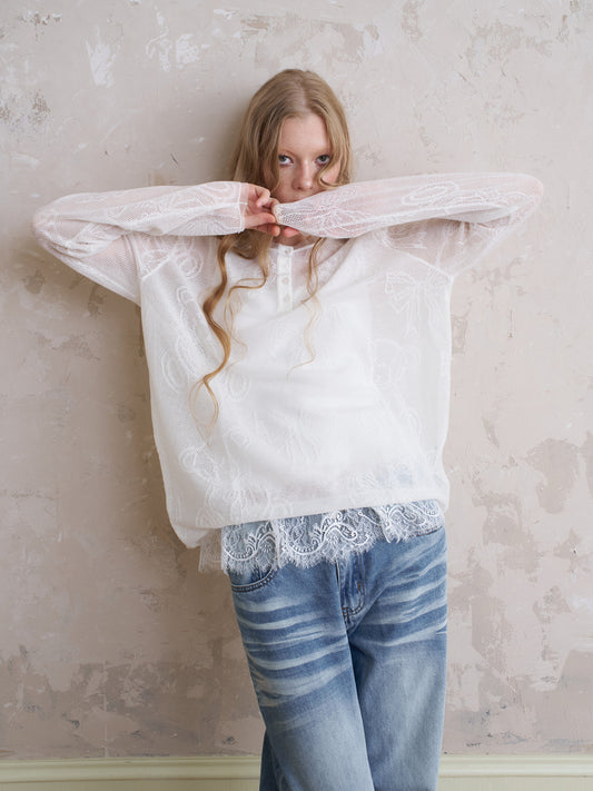 Henley Neck Sheer Mesh Top With Cute Motifs