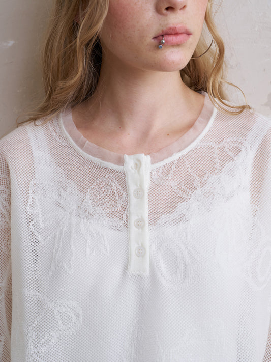 Henley Neck Sheer Mesh Top With Cute Motifs
