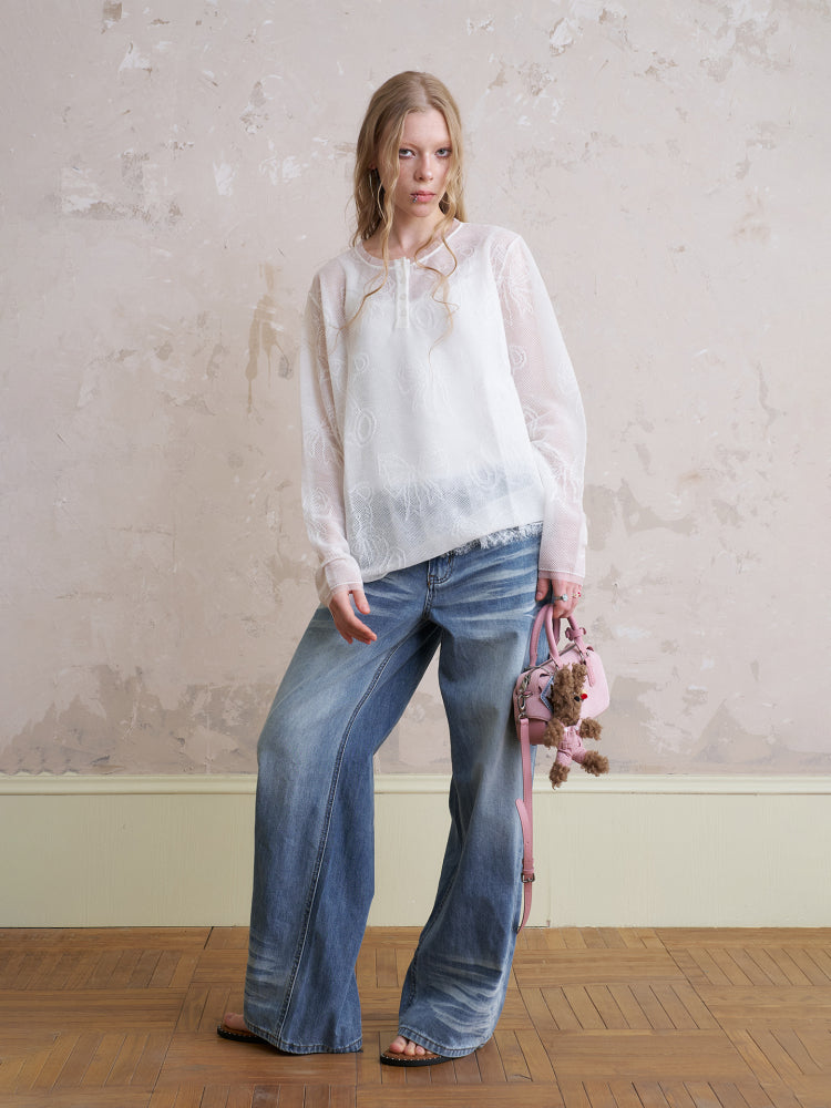 Henley Neck Sheer Mesh Top With Cute Motifs