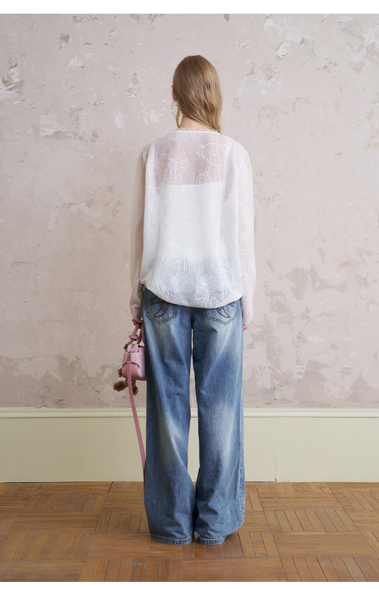 Henley Neck Sheer Mesh Top With Cute Motifs
