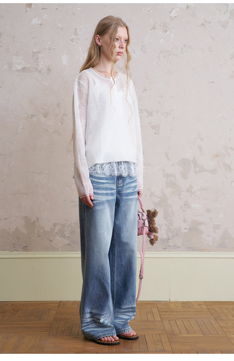 Henley Neck Sheer Mesh Top With Cute Motifs