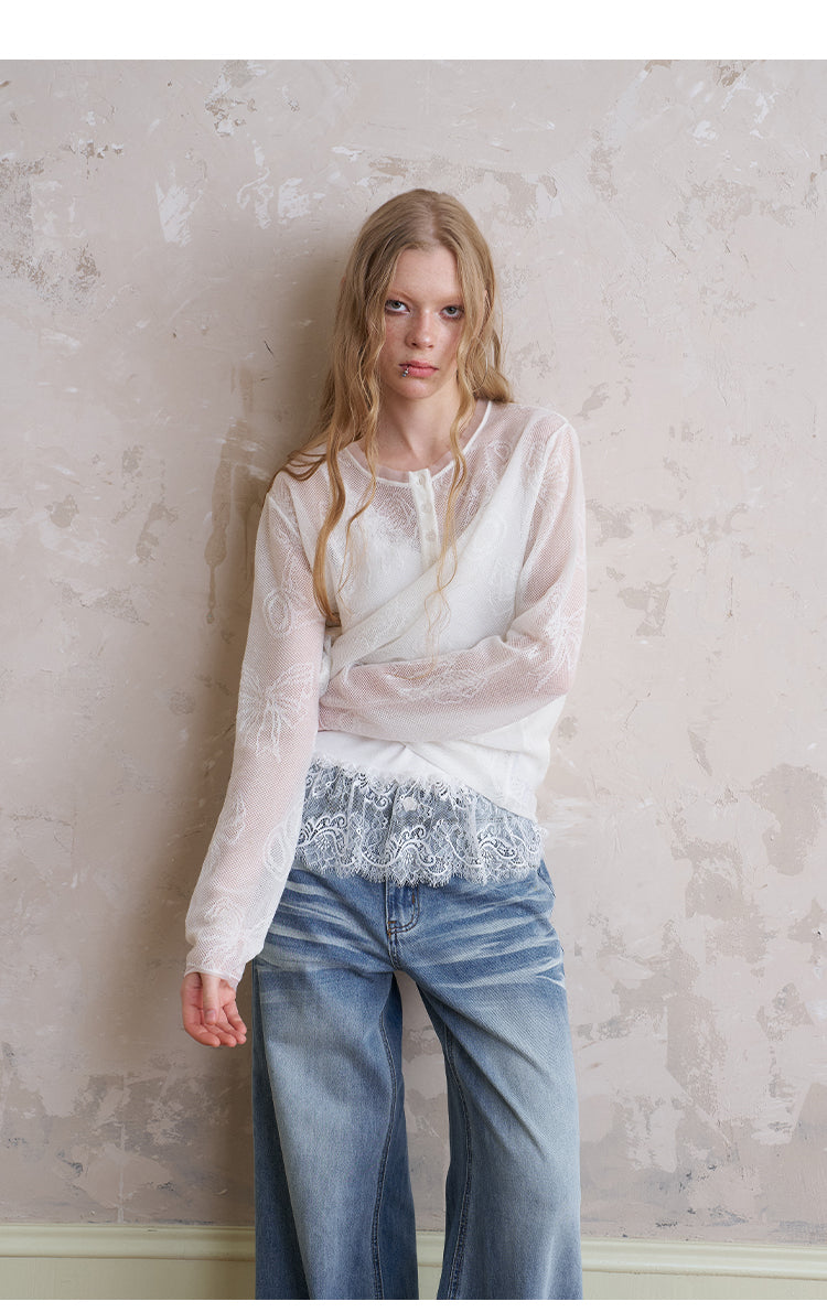 Henley Neck Sheer Mesh Top With Cute Motifs