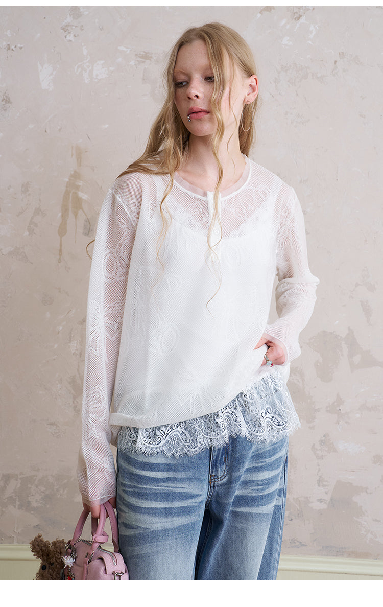 Henley Neck Sheer Mesh Top With Cute Motifs