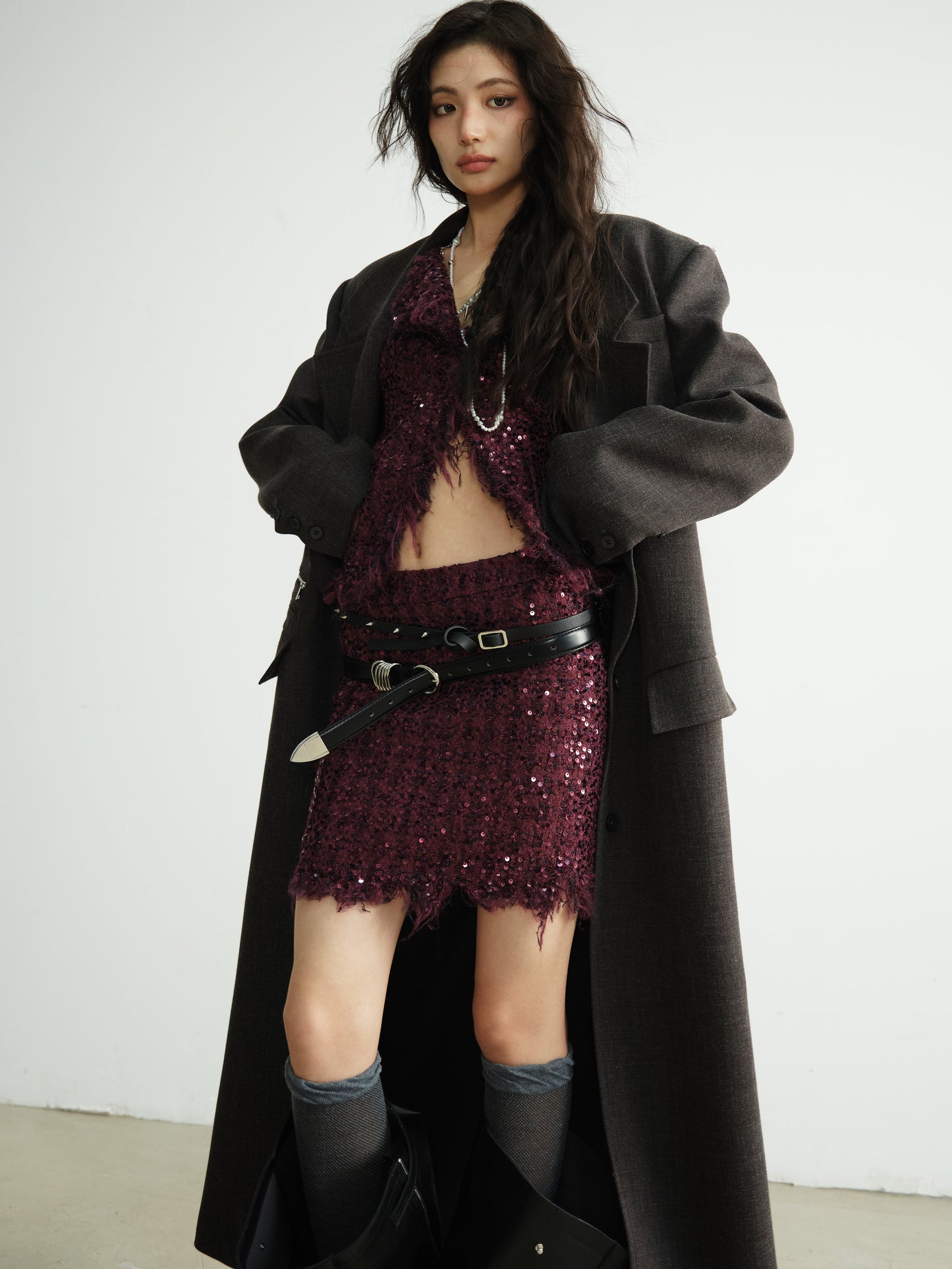 Raw Edge Sequin Jacket And Mini Skirt