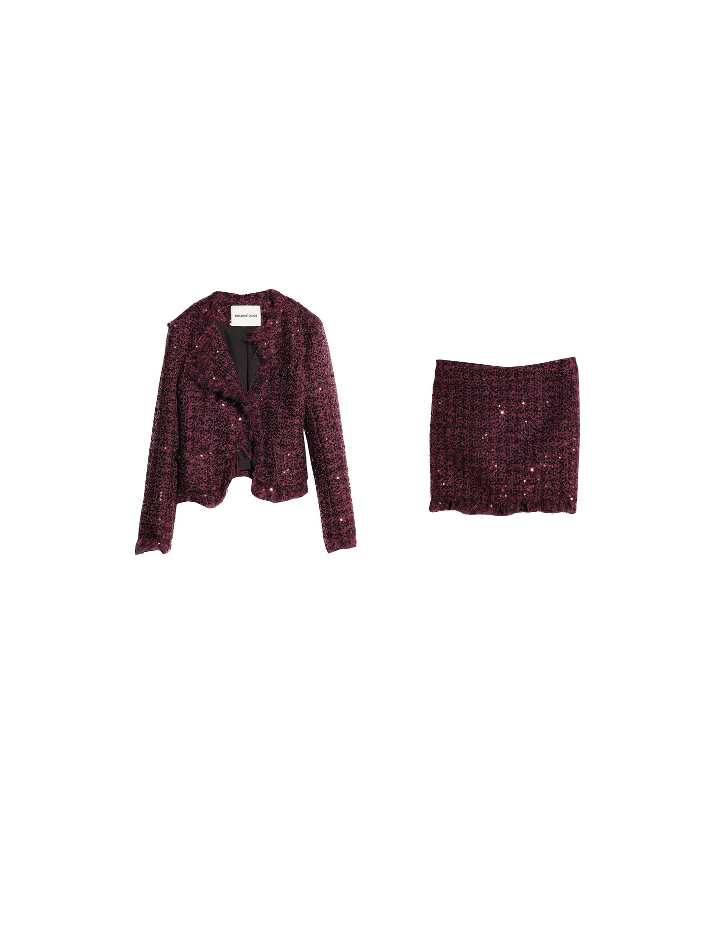 Raw Edge Sequin Jacket And Mini Skirt