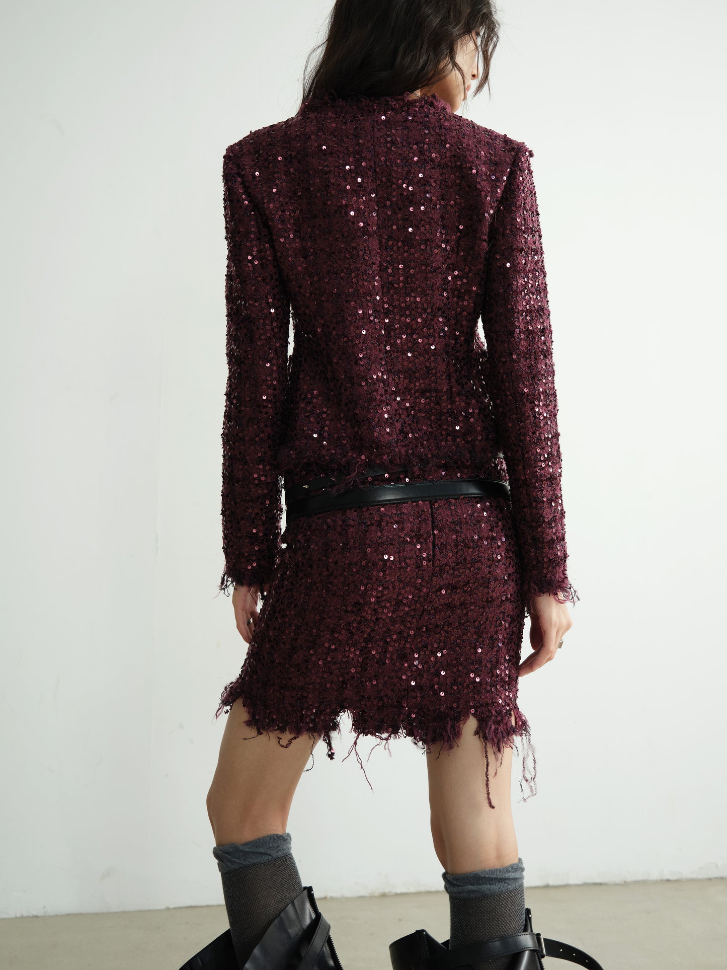 Raw Edge Sequin Jacket And Mini Skirt