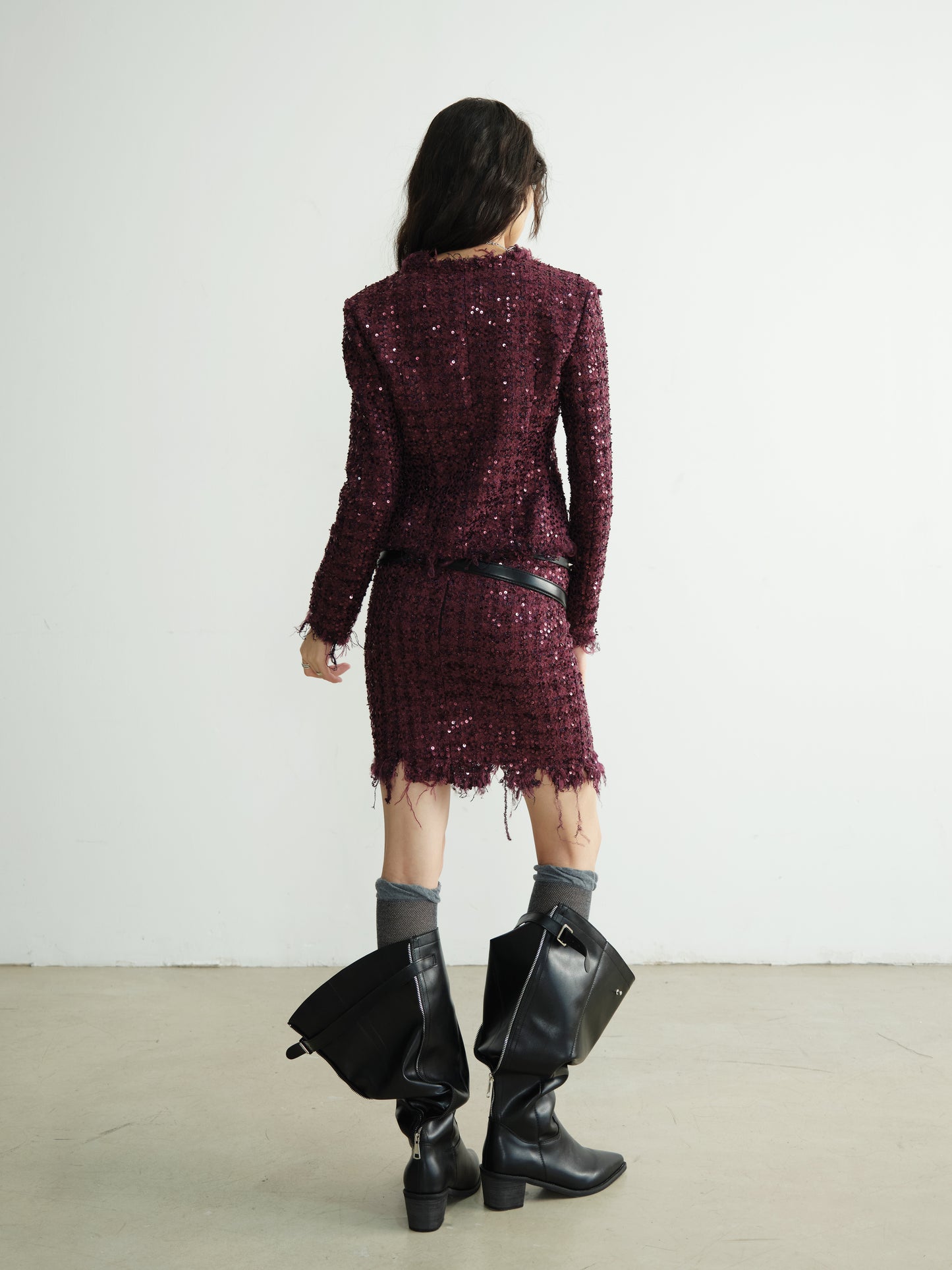 Raw Edge Sequin Jacket And Mini Skirt