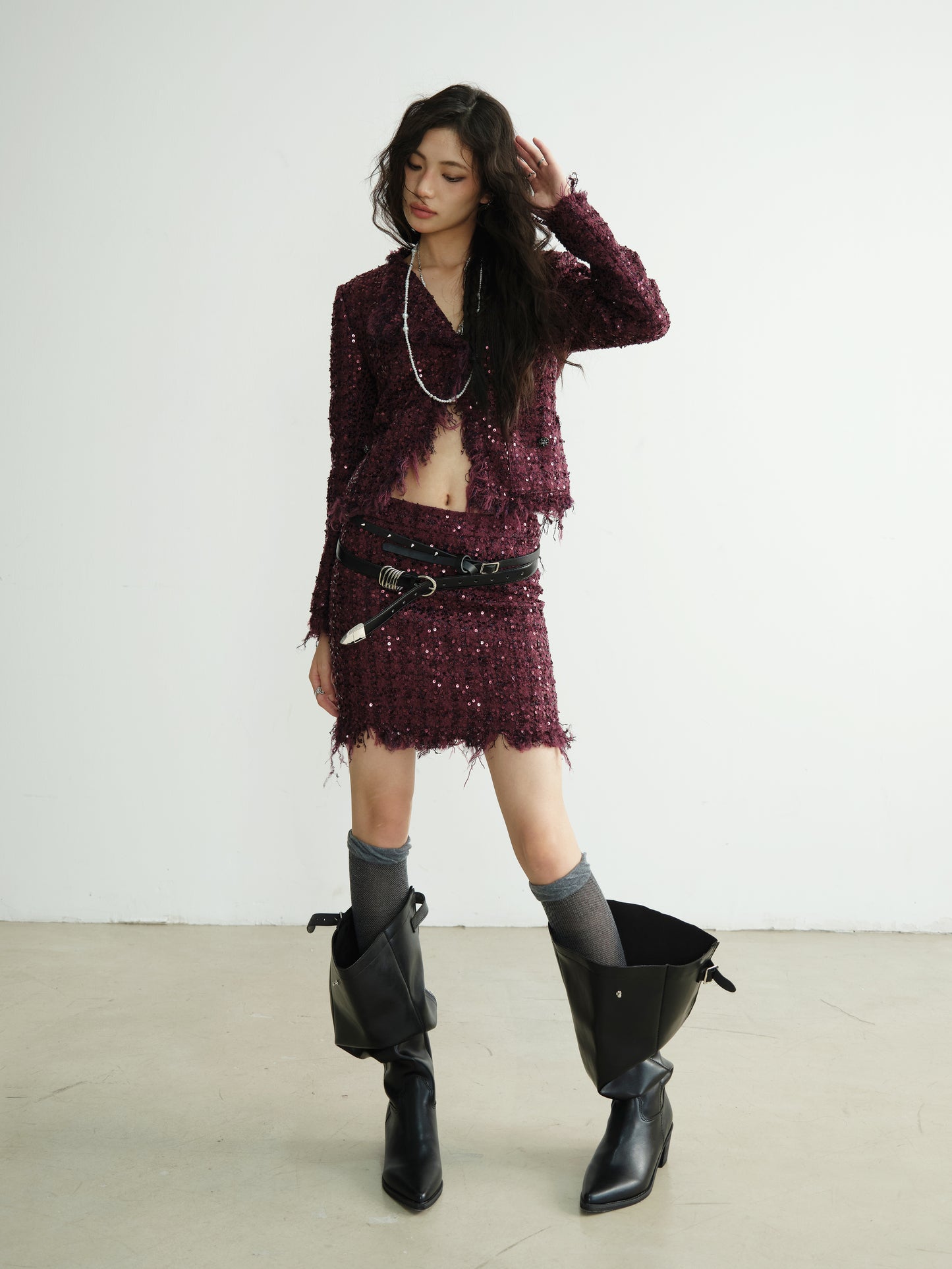 Raw Edge Sequin Jacket And Mini Skirt