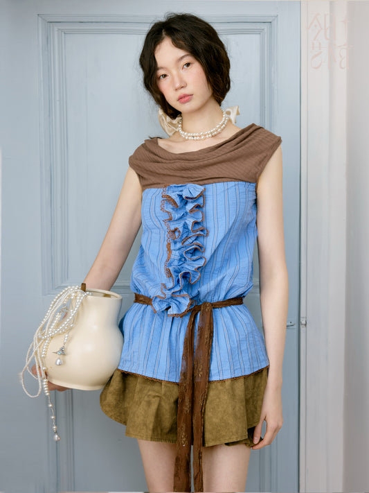 Two-Tone Off-Shoulder Draped Mixed Fabric Top