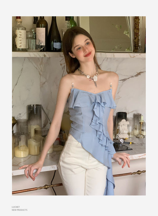 Asymmetrical Beaded Strap Ruffled Top