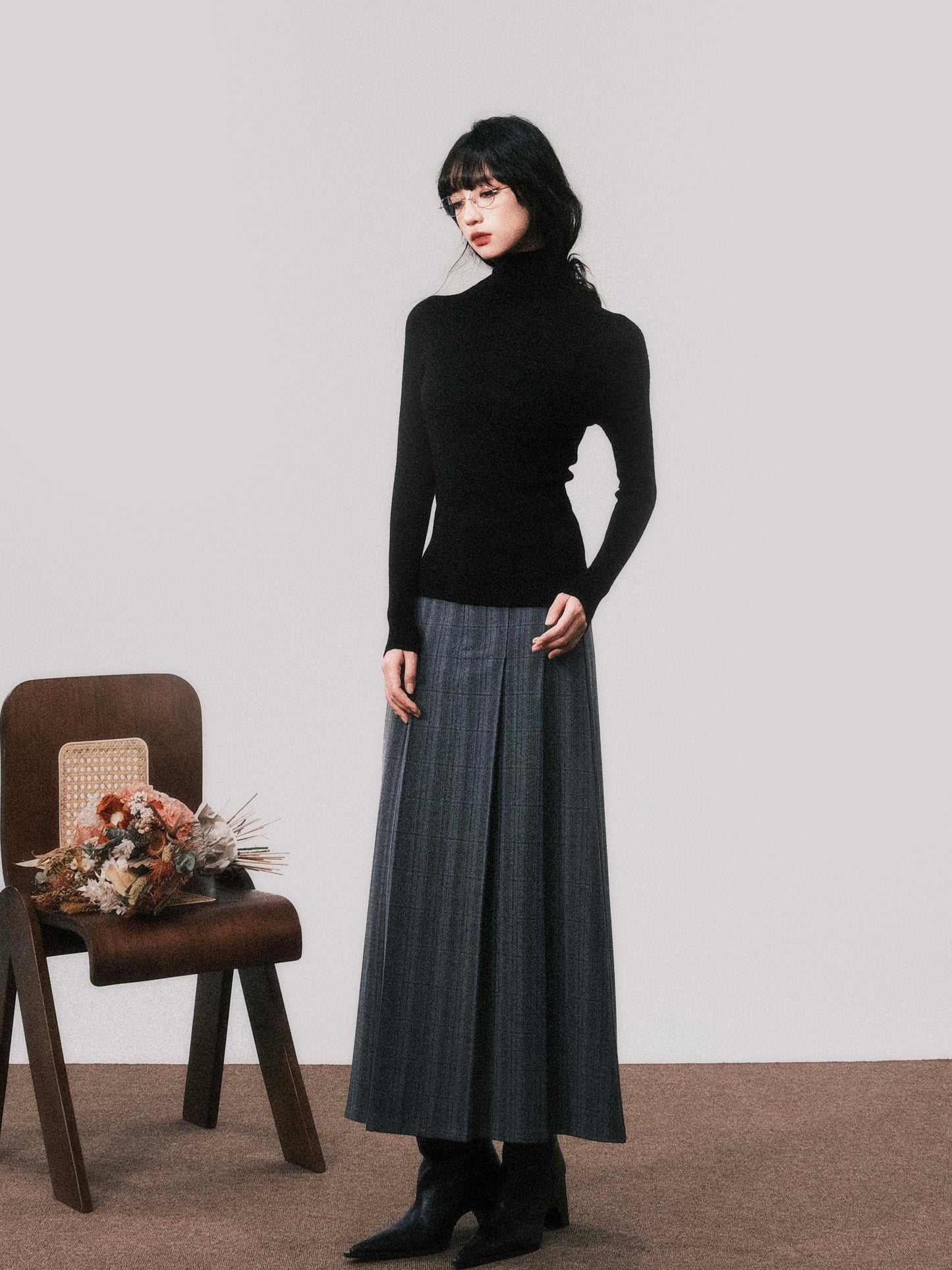 High Waist Plaid Pleated Long Skirt