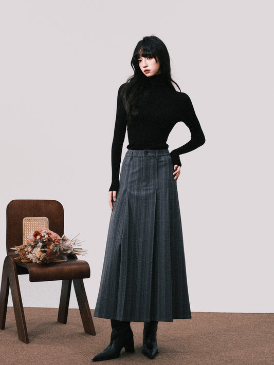 High Waist Plaid Pleated Long Skirt