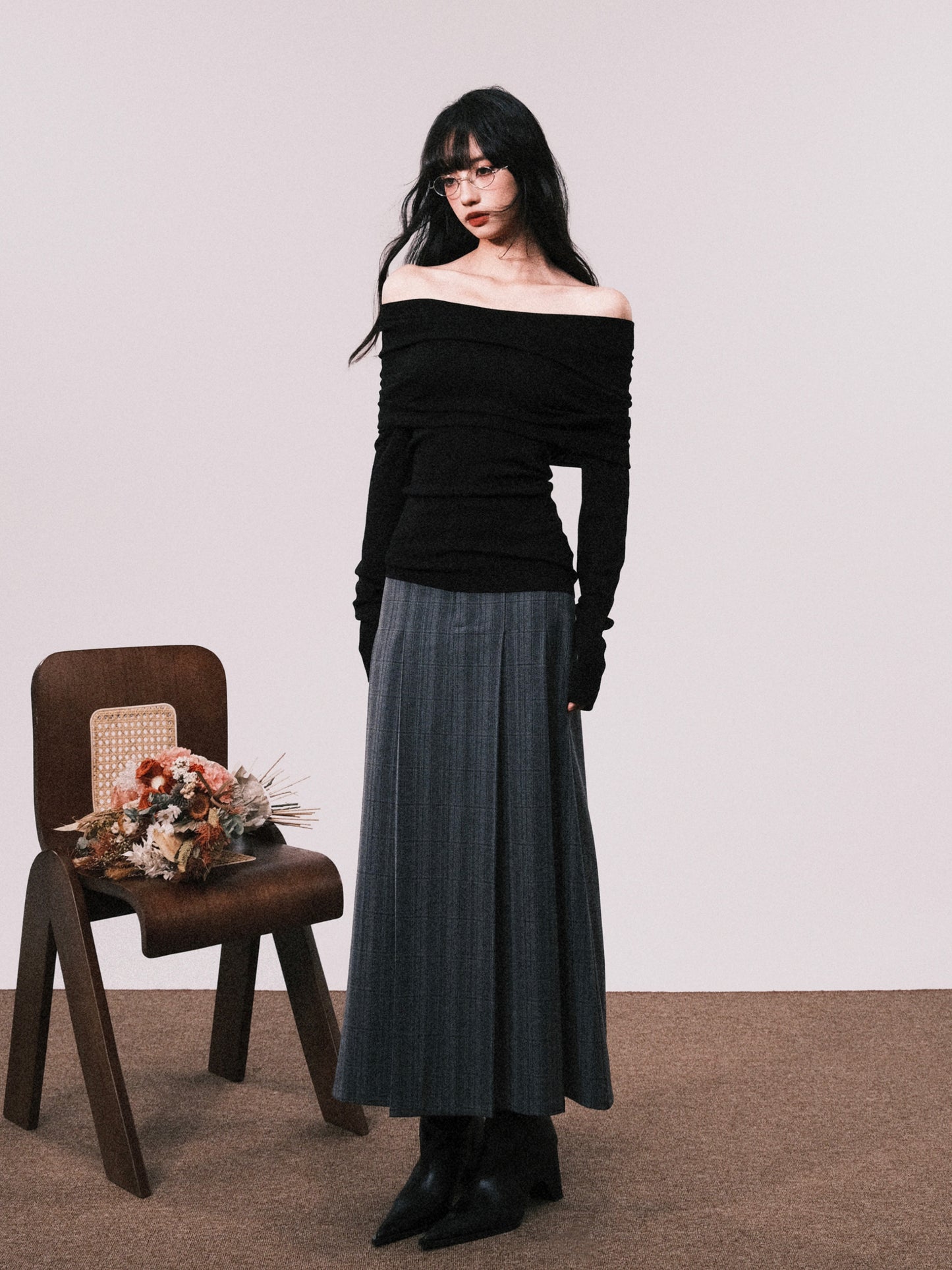 High Waist Plaid Pleated Long Skirt