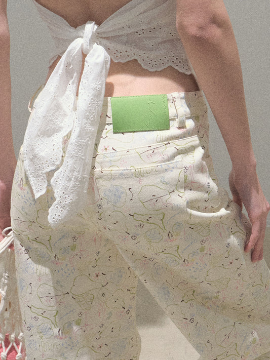 Denim Pants With Pear Illustrations