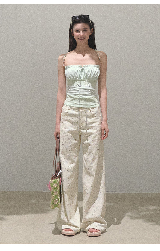 Denim Pants With Pear Illustrations