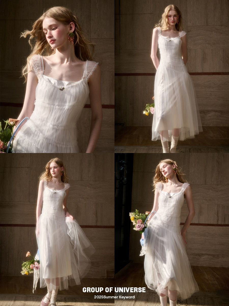 Asymmetric Sheer Tulle Double Mesh Dress