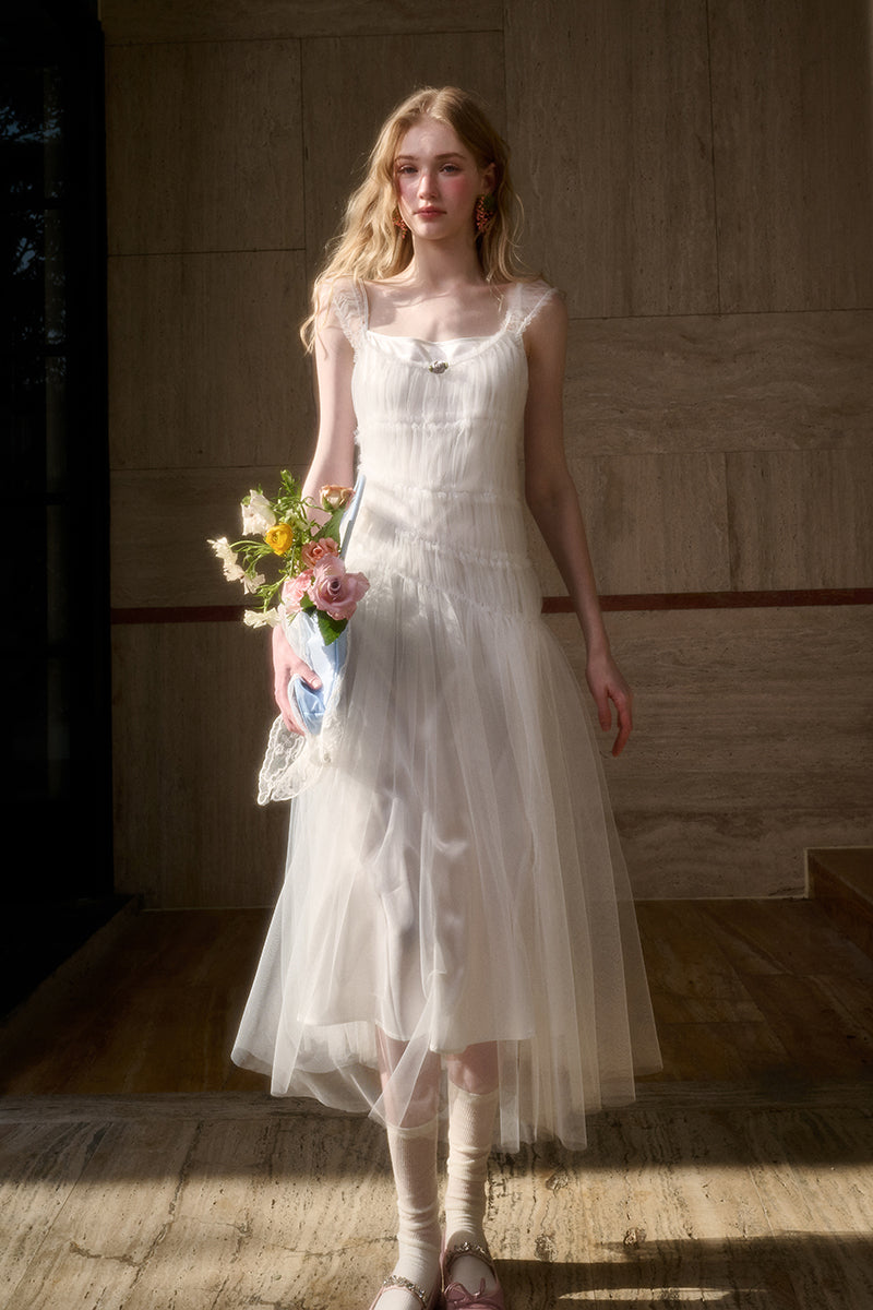 Asymmetric Sheer Tulle Double Mesh Dress