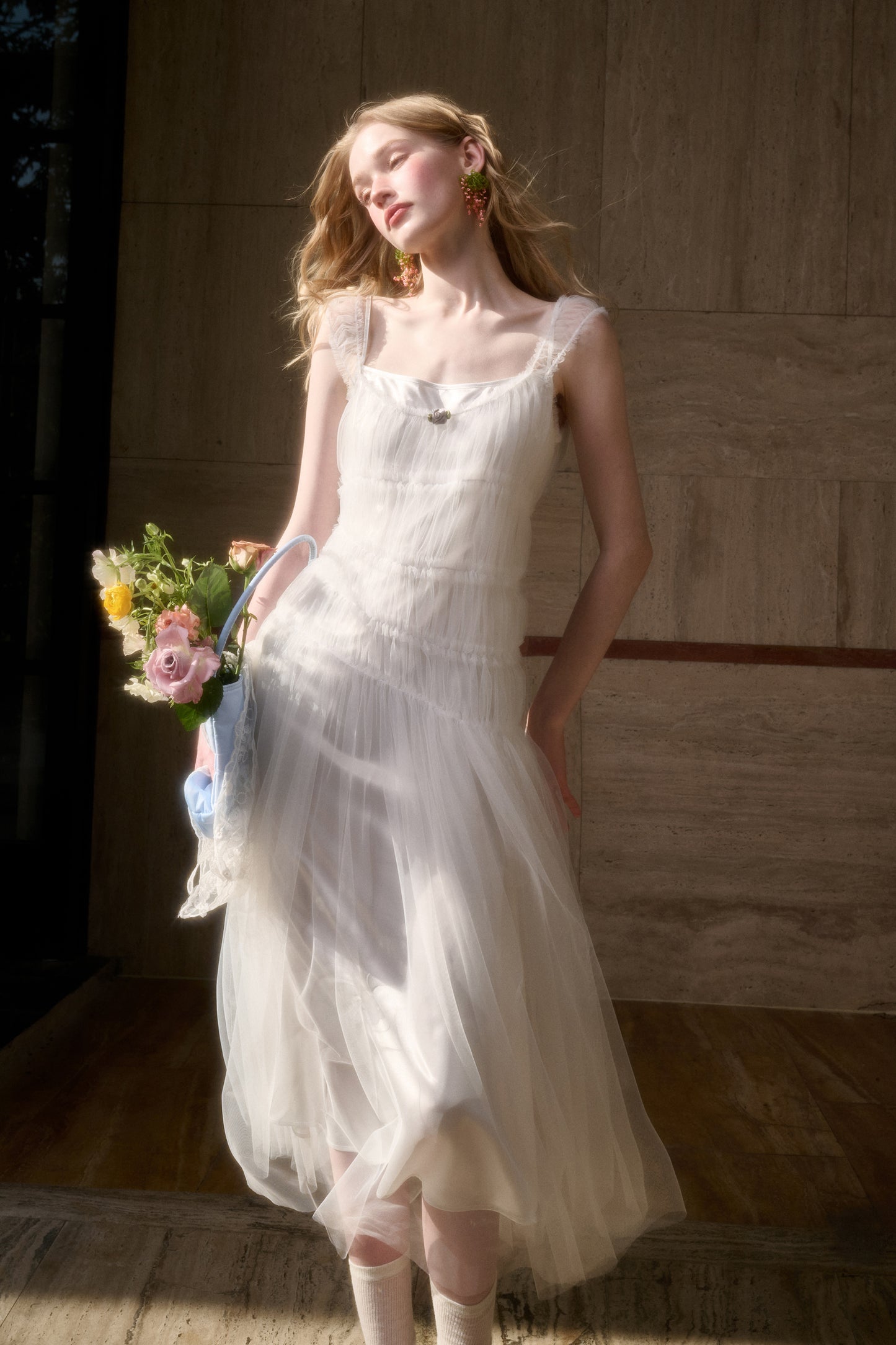Asymmetric Sheer Tulle Double Mesh Dress