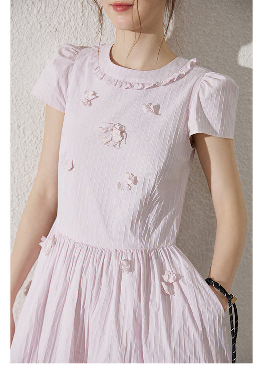 Flower-Embellished Stripe Dress With Ruffle Neck