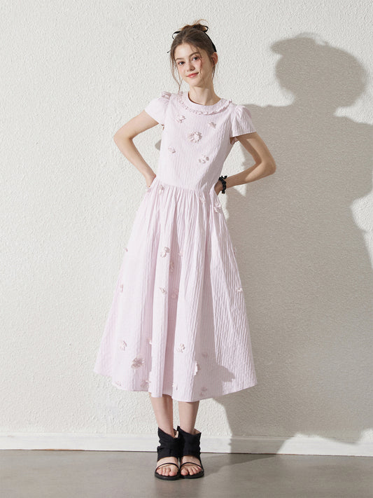 Flower-Embellished Stripe Dress With Ruffle Neck